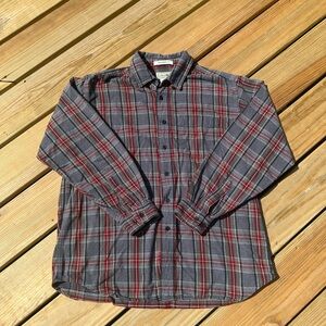 L.L. Bean Men's Charcoal and Crimson Plaid Shirt Size Large